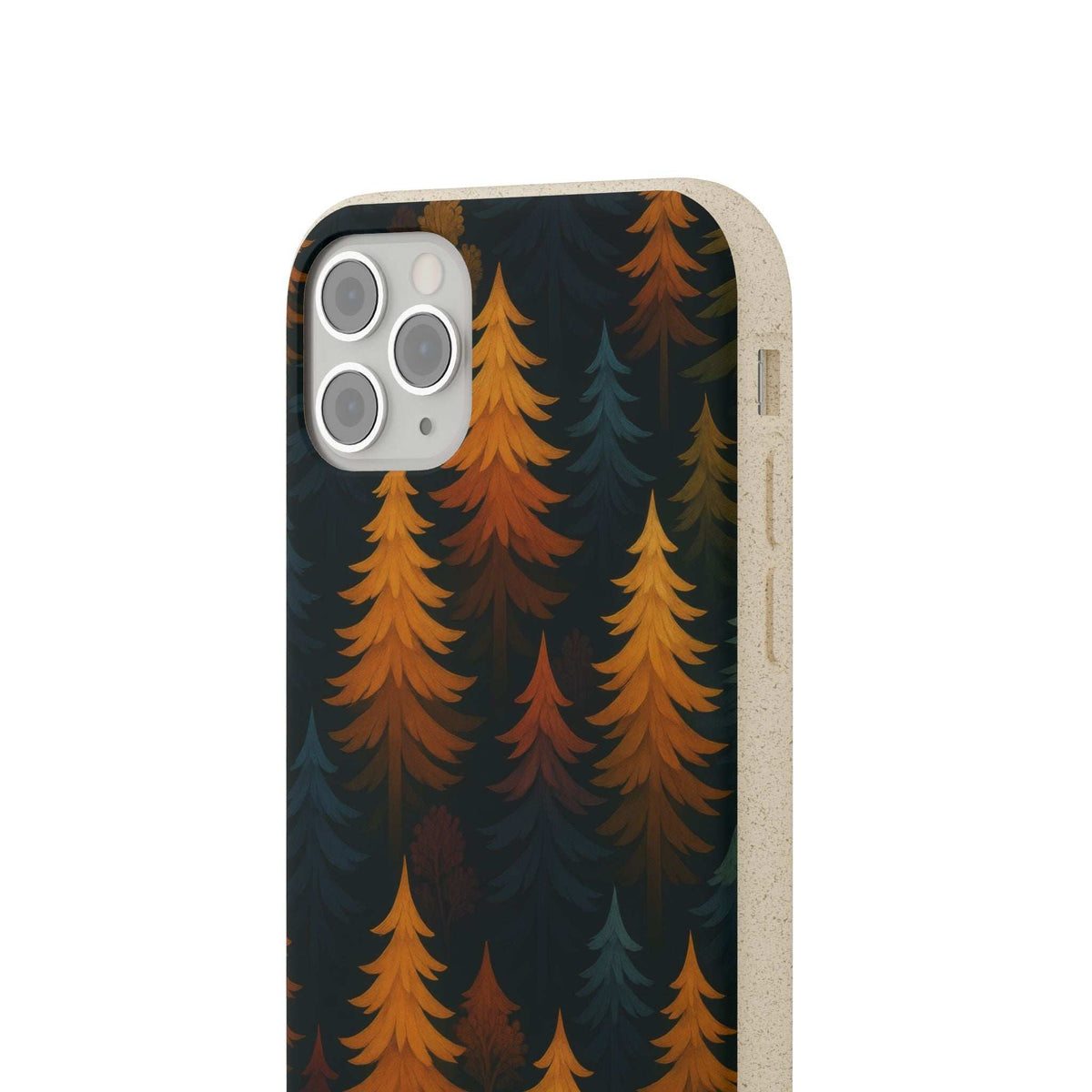 Biodegradable phone case with camera opening, dark blue and orange tree pattern