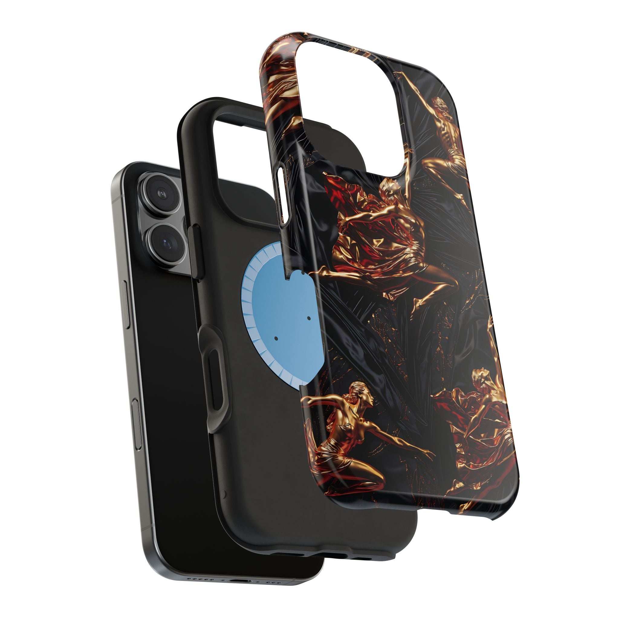 Black phone case with gold sculpture design and protective raised bumper