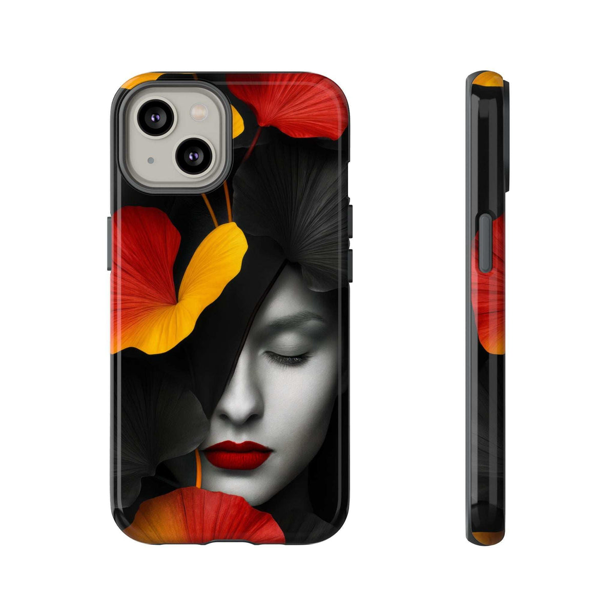 Glossy phone case with black, red, and yellow face-flower graphic; camera cutouts