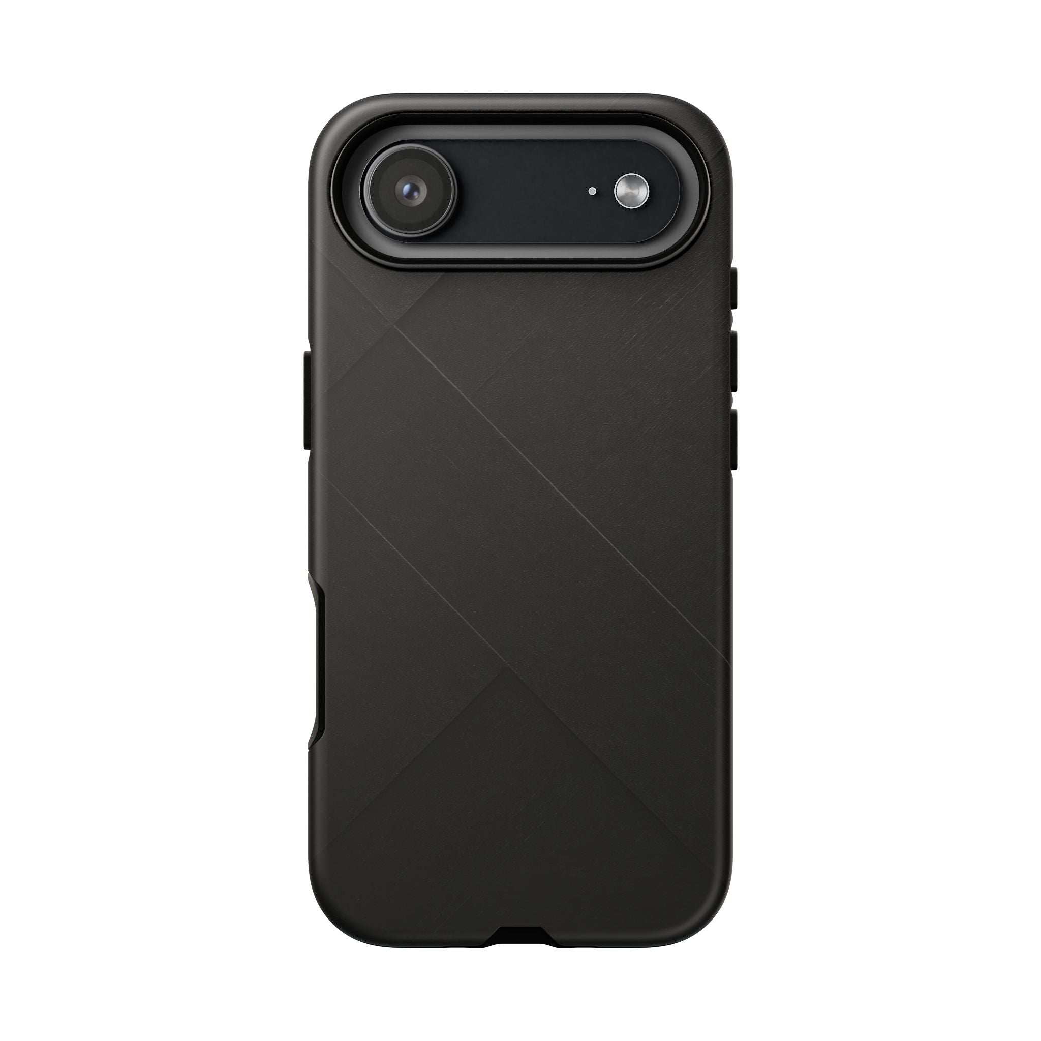Matte black phone case with diagonal line pattern and single top camera cutout