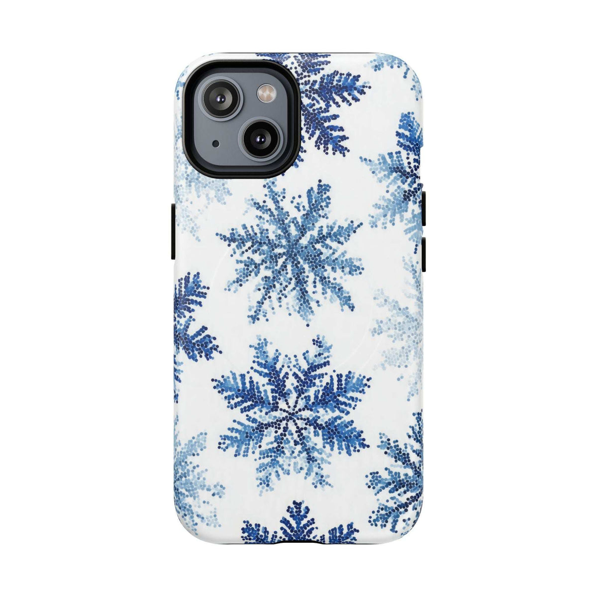 Snowflake phone case for iPhone 13-17, white with blue snowflake print, dual camera cutout