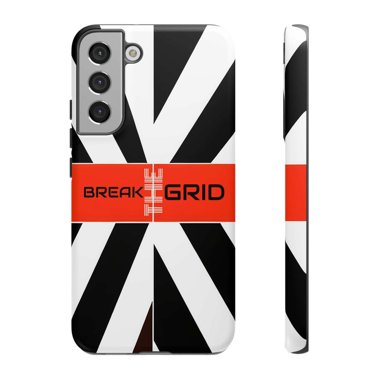 Phone case with black-and-white geometric stripes, red "Break Grid" band, front and side view.