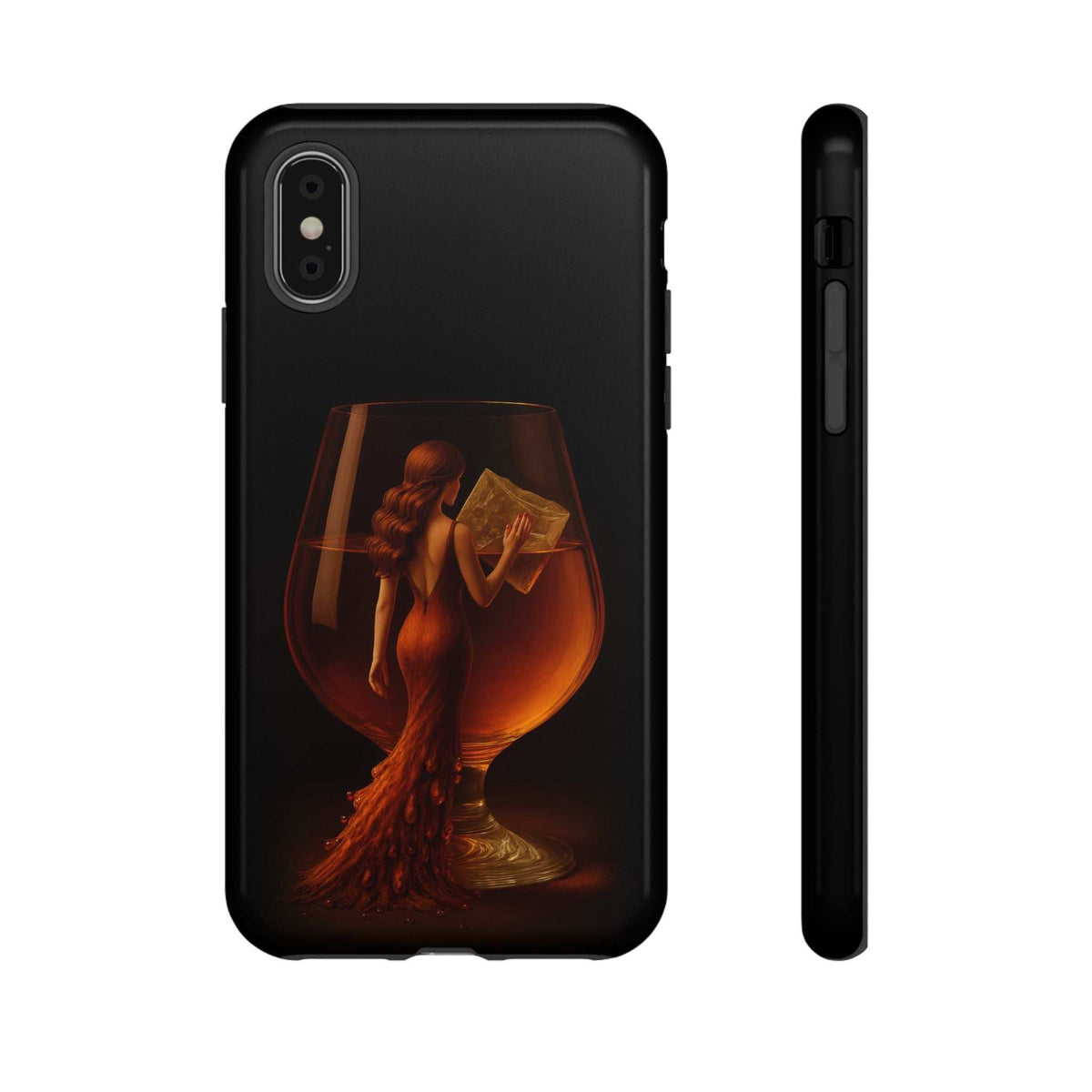 Midnight lady phone case, glossy black back with side buttons and midnight lady print