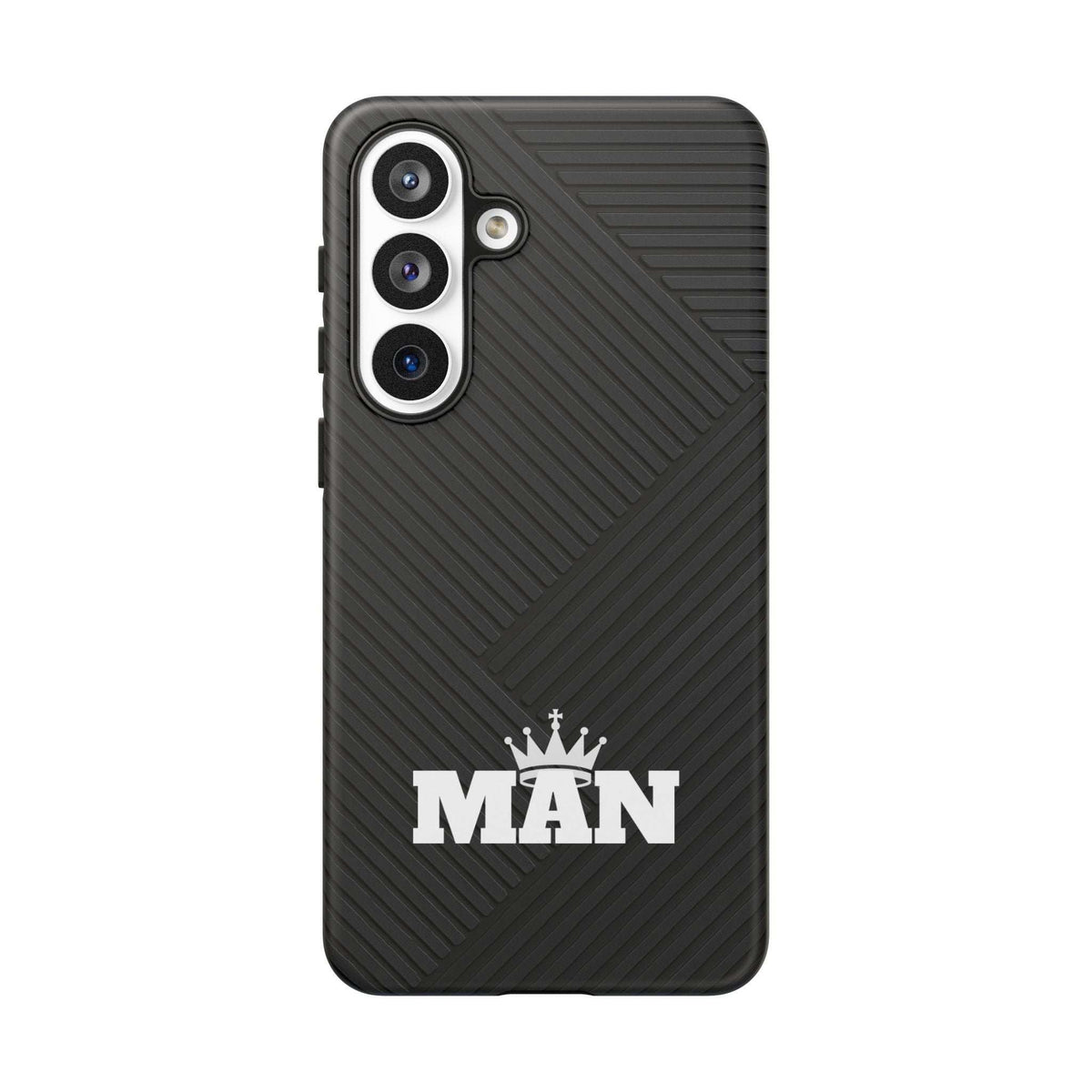 Black MAN phone case with textured diagonal pattern and raised camera module cutouts