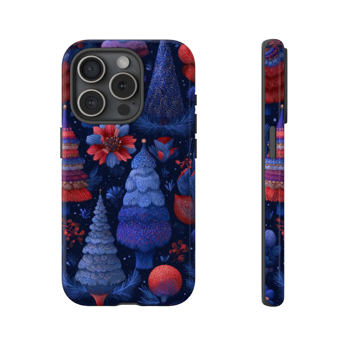 Phone case with dark blue winter forest design and red accents; quad camera cutout