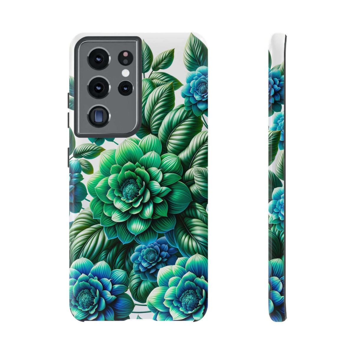 Green and blue floral phone case with flower and leaf pattern, showing camera cutout