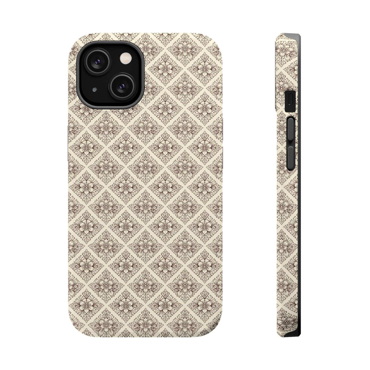 Beige ornate patterned phone case front view with camera cutout and slim side profile