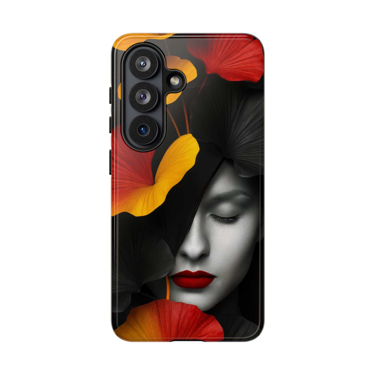 Glossy phone case with red and black woman portrait and yellow flower accents