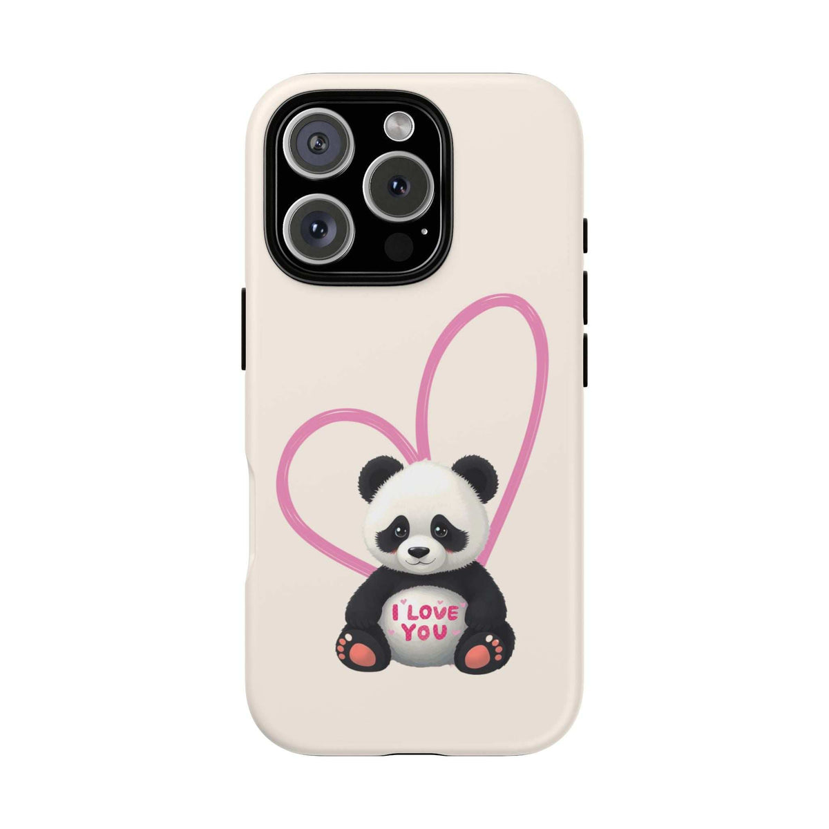 Beige phone case showing panda 'I love you' design with pink heart outline, camera cutouts