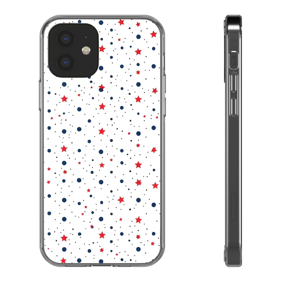 Clear phone case with white polka dots and red/blue stars; front view and thin side profile.
