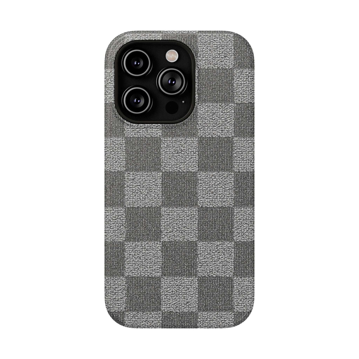 Gray checkered phone case with fabric texture; triple camera openings on back