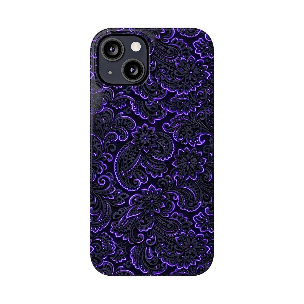 Purple paisley phone case with neon floral swirl pattern, camera openings at top.