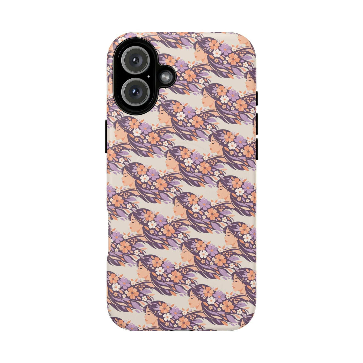 Floral phone case with pink and purple floral pattern and camera opening, front view