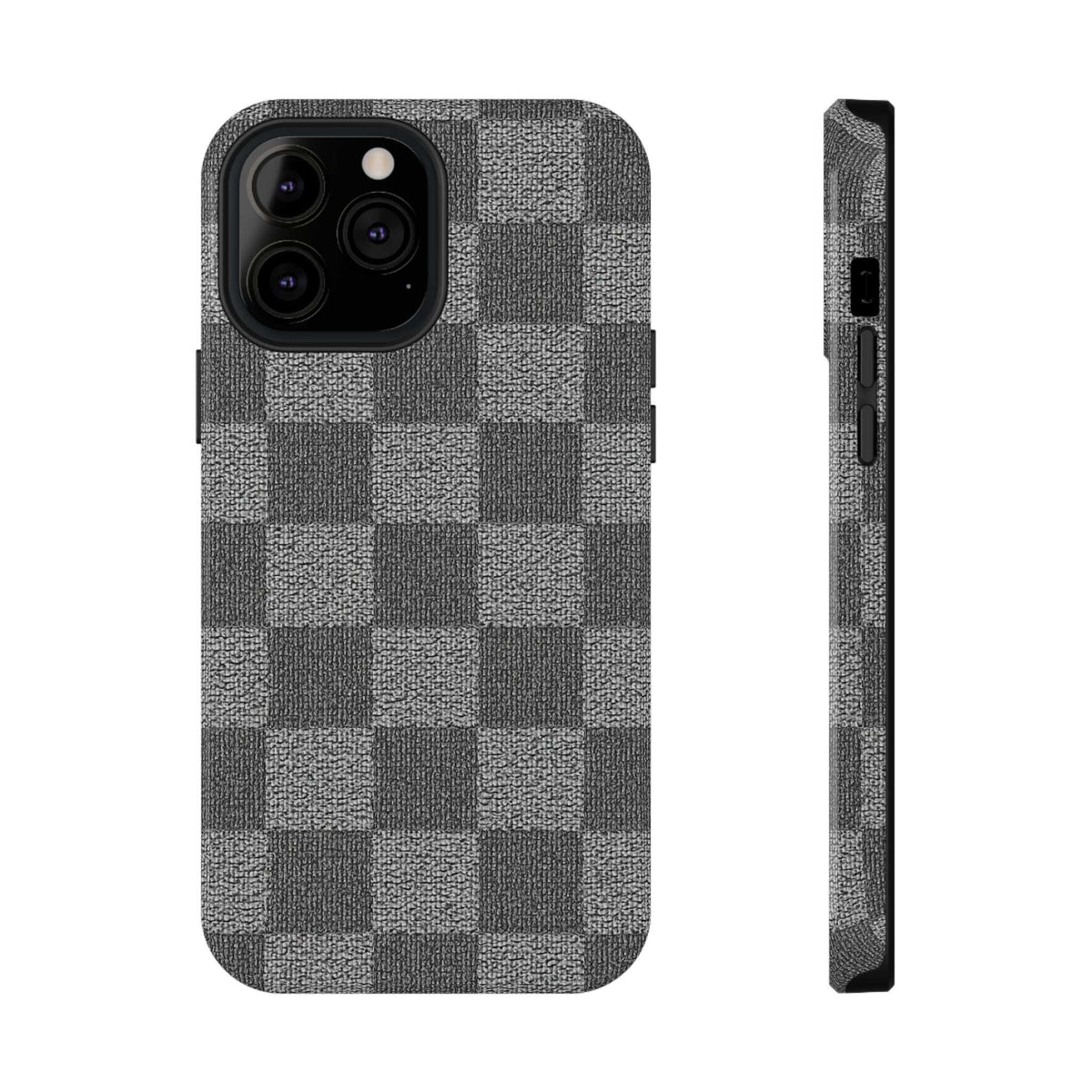 Gray checkered phone case front and side view showing button and port cutouts