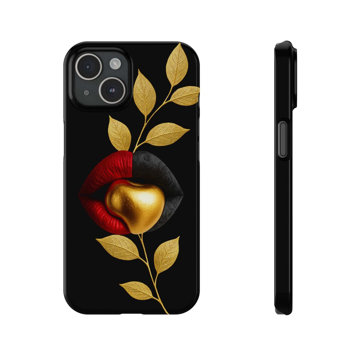 Black phone case with gold leaf design and red lips motif