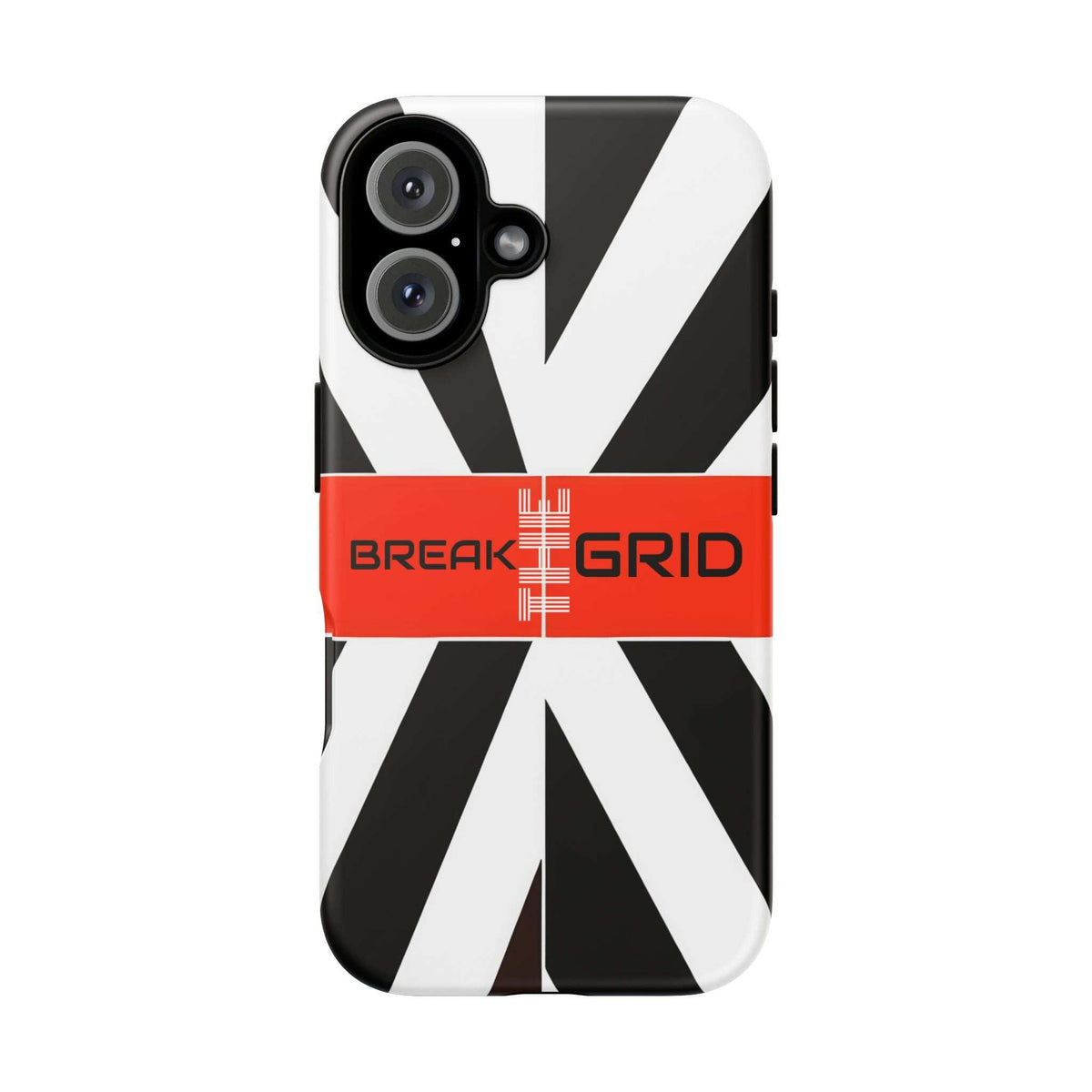 Phone case with black-and-white geometric stripes and red "Break Grid" band, front.
