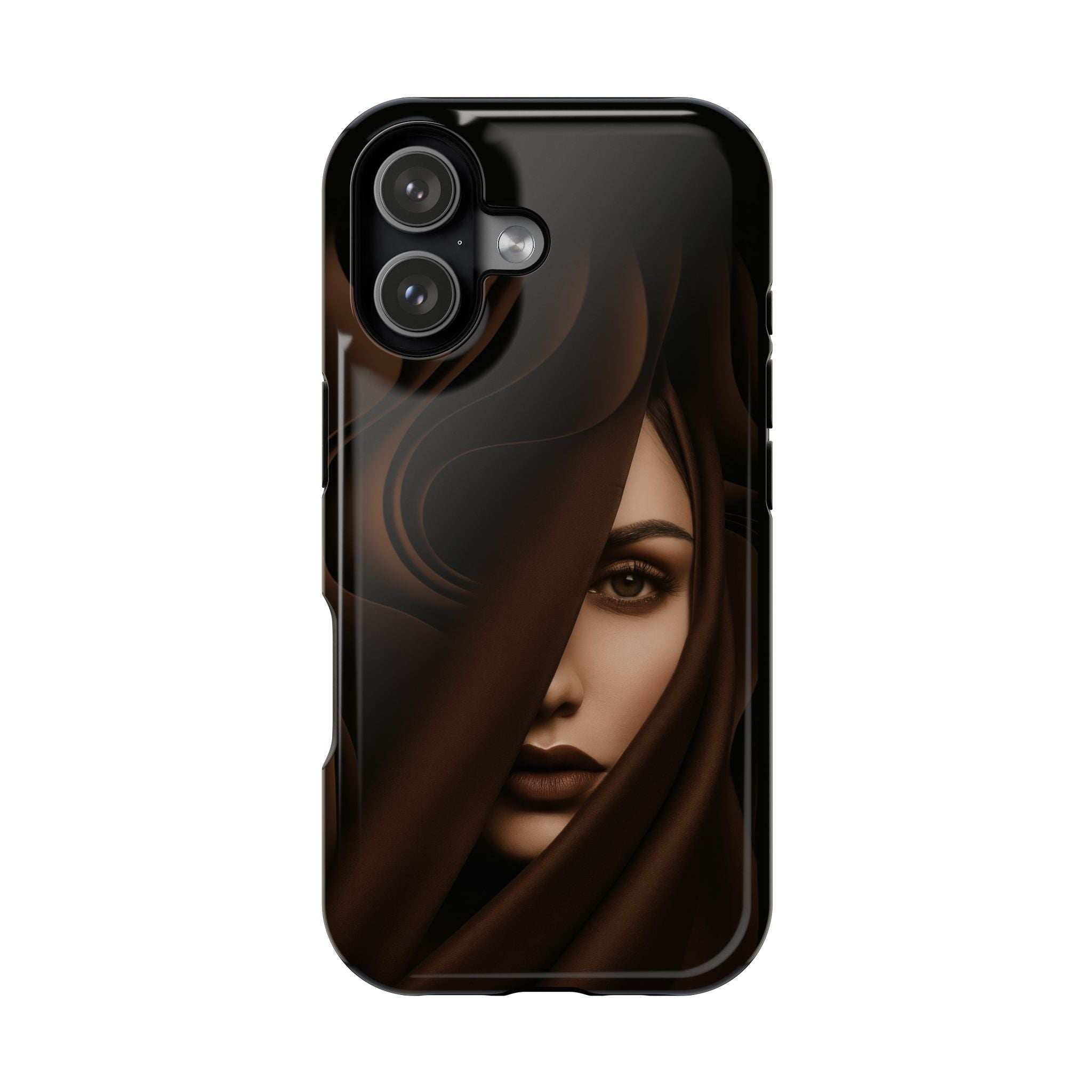 Black phone case with close-up moody woman portrait; camera lenses visible