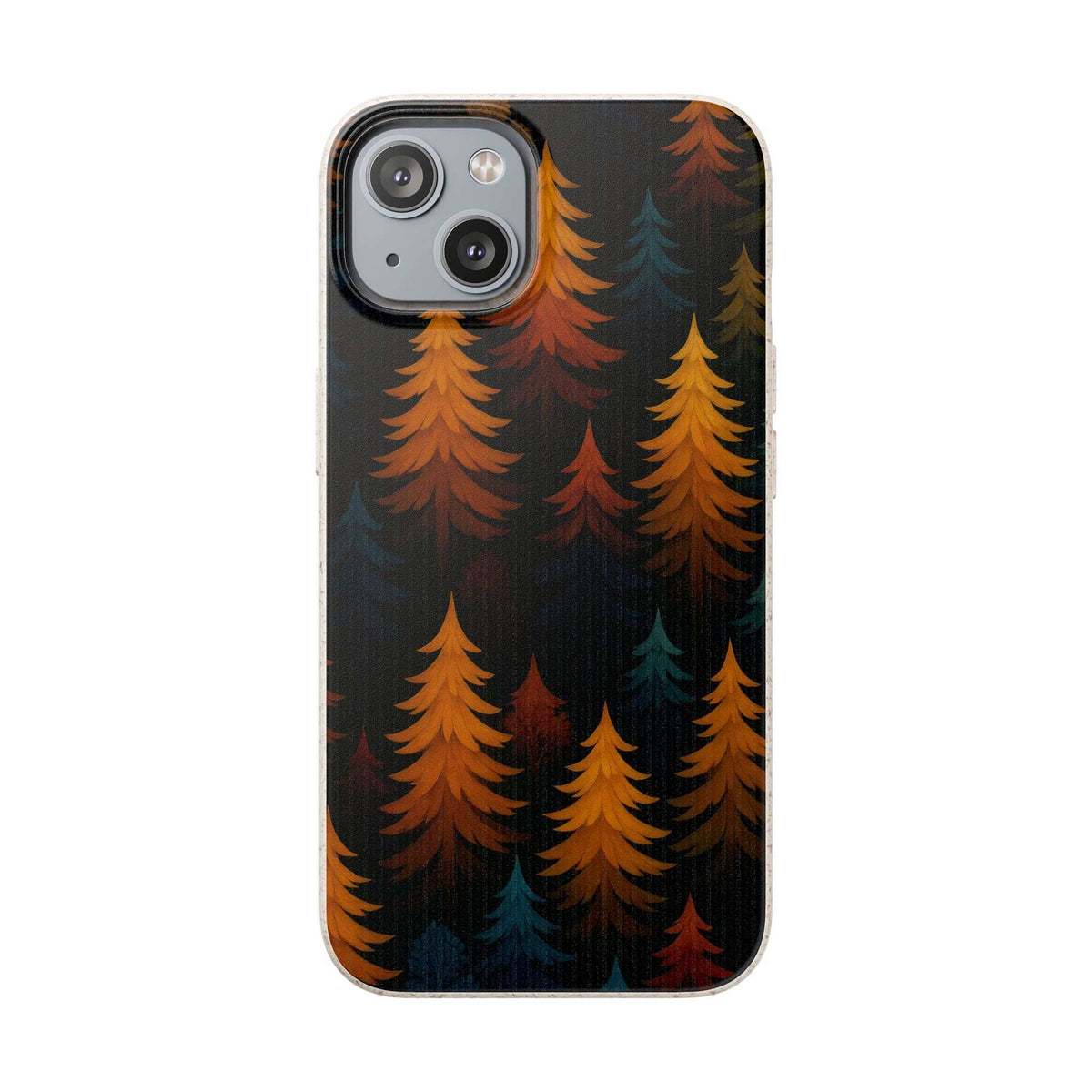 Biodegradable phone case with dark forest tree pattern and single-lens camera cutout