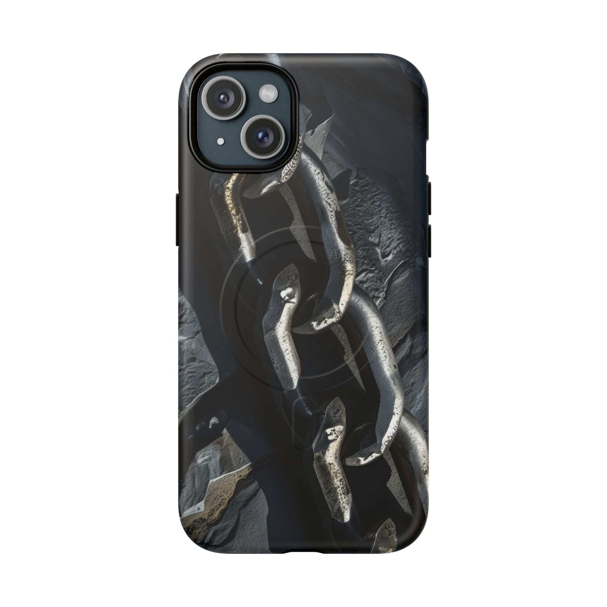 Black magnetic phone case with iron chain motif and protected triple-camera area