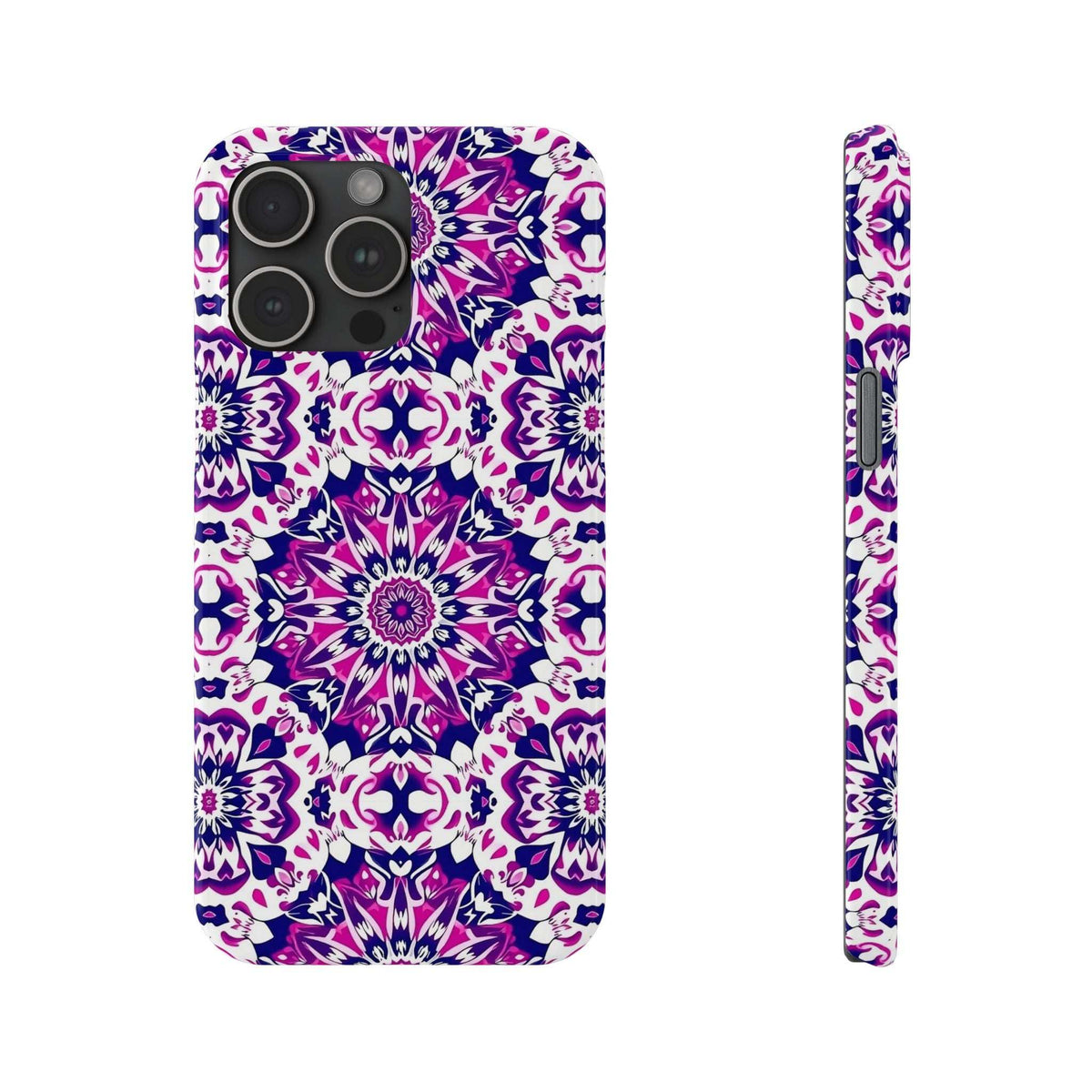 Purple and white mandala phone case with camera cutouts and side view with button openings