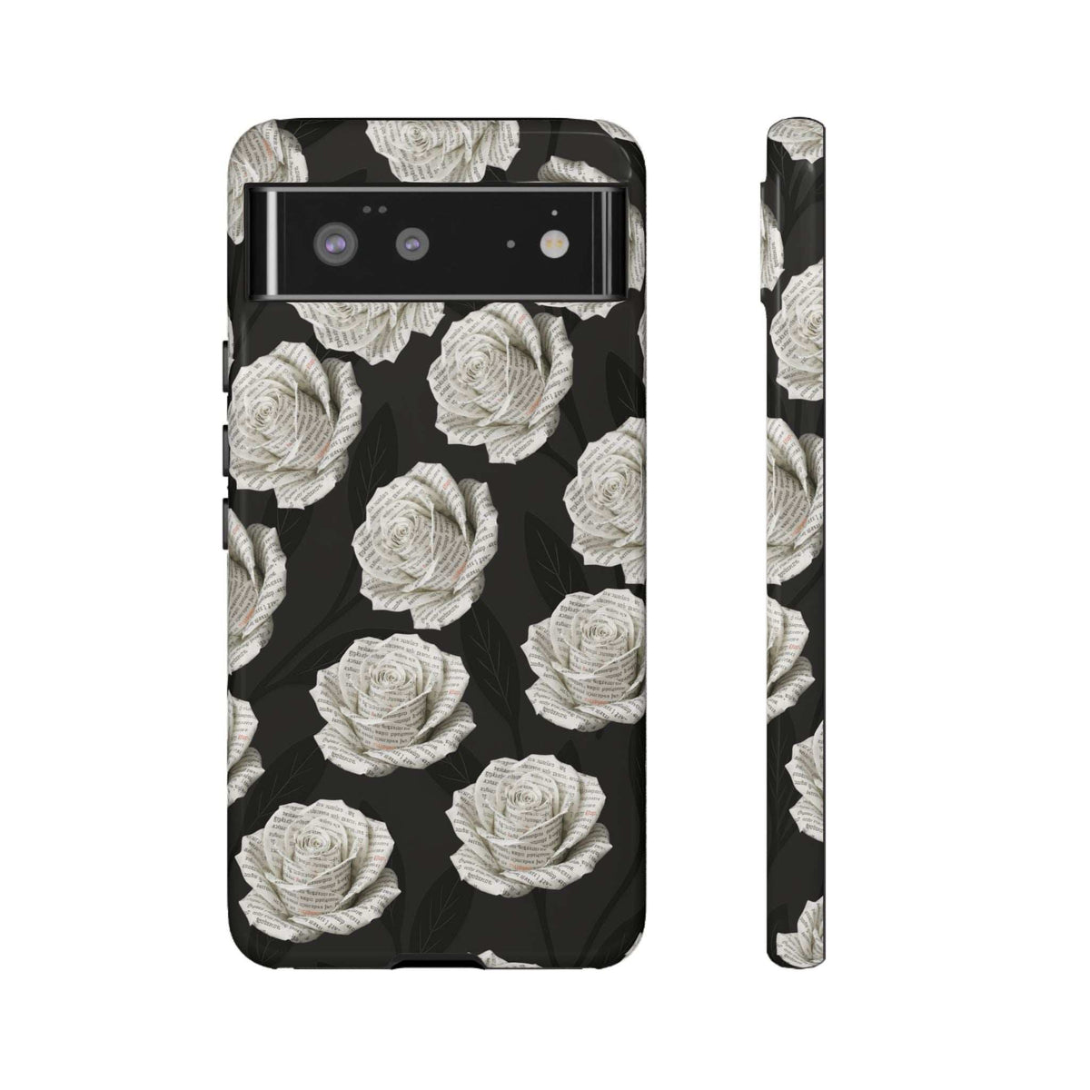 Phone case with white roses on black, close-up of top cutouts and side profile