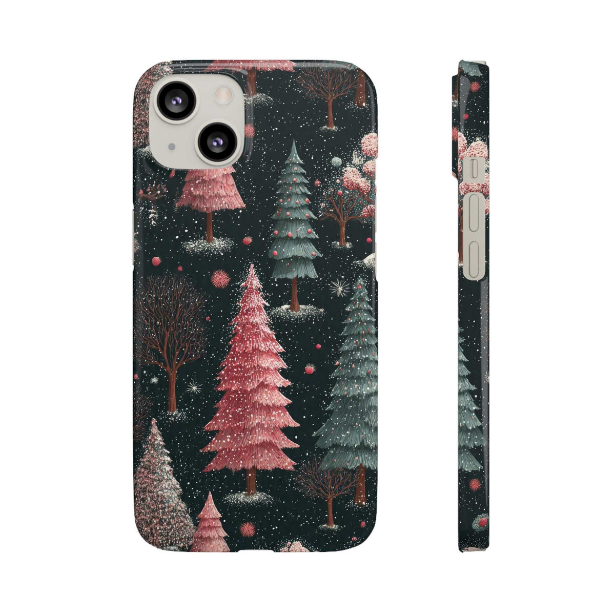 Glossy phone case back with camera cutouts; dark winter forest scene with pine trees