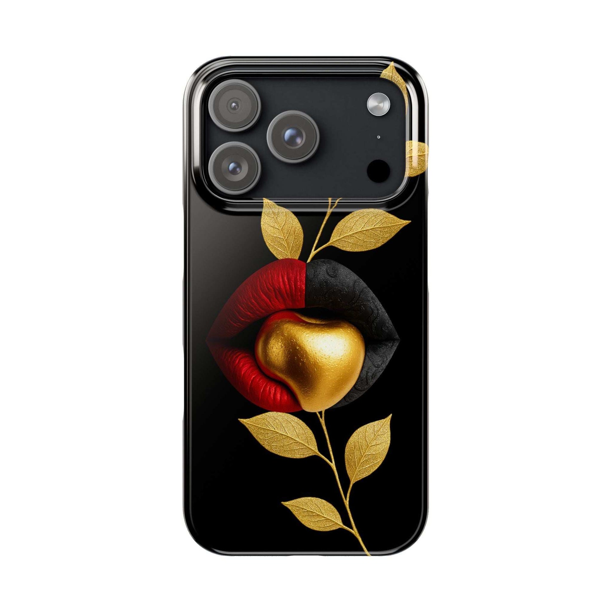 Gilded Expression phone case for iPhone: black with gold leaf and red lips art