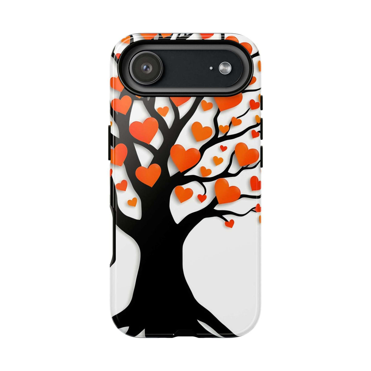 Phone case side profile with orange hearts and black tree pattern, camera area cover lip