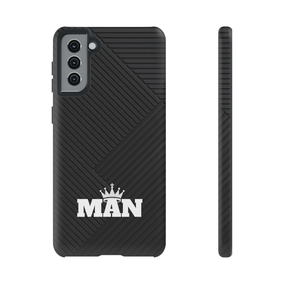 Black phone case with textured pattern, MAN logo, and raised camera cutouts.