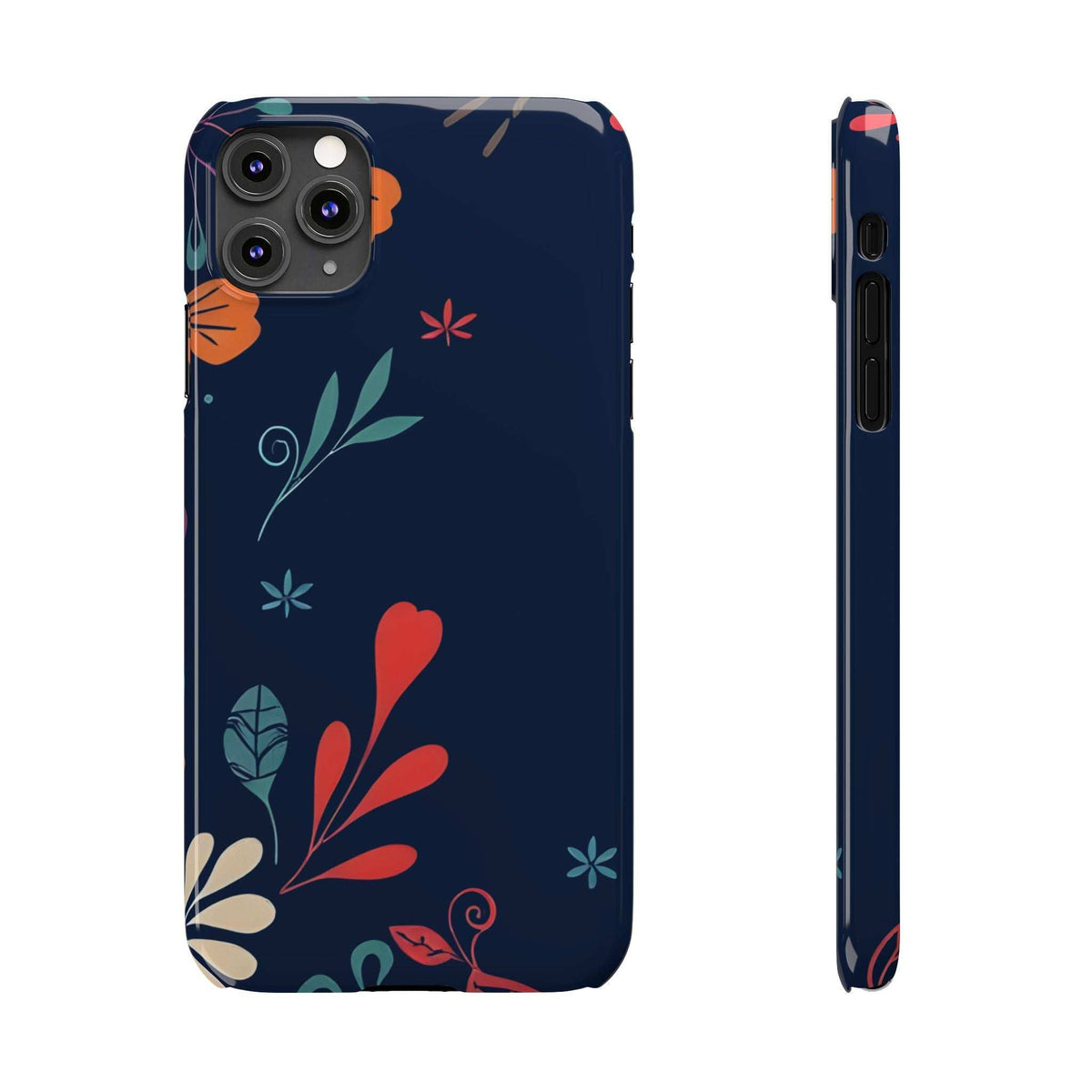 Navy botanical phone case with red-orange leaves and flowers, camera cutouts and side buttons