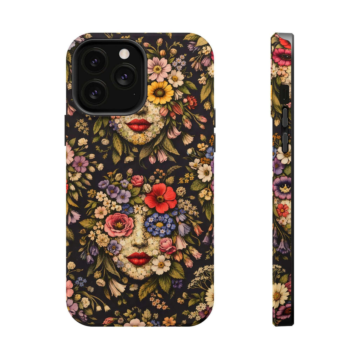 iPhone 13-17 phone case front and side view, vintage floral face artwork on dark