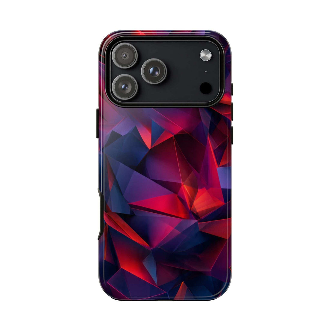 Glossy crystalline prism phone case with camera cutouts, red and blue geometric design