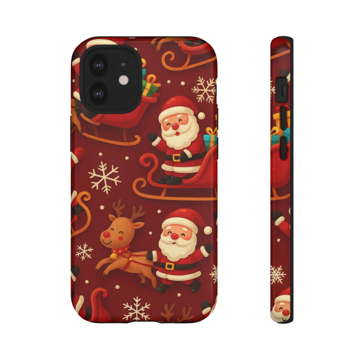 Glossy red Santa, reindeer, and sleigh phone case with side profile and camera cutouts