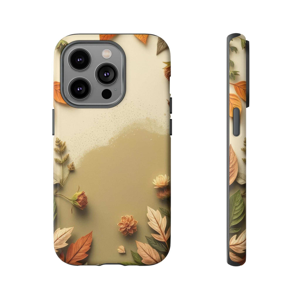 Slim phone case with autumn leaves pattern on beige, quad camera cutout with flash