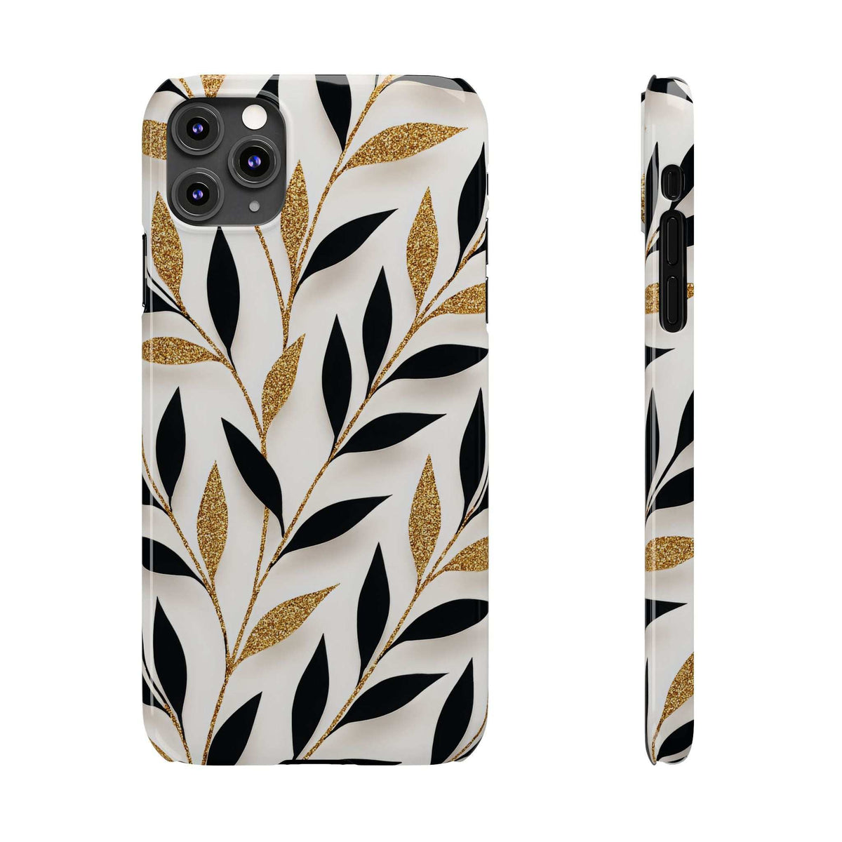 iPhone phone case showing white, black leaves with gold glitter specks; back and side profile