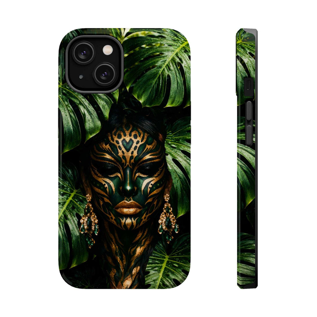 Jungle-themed phone case with gold face mask and green tropical leaves