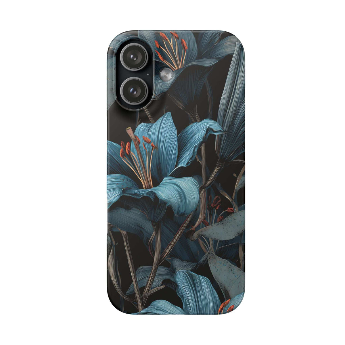Blue botanical phone case with multiple camera lenses and teal floral leaf artwork