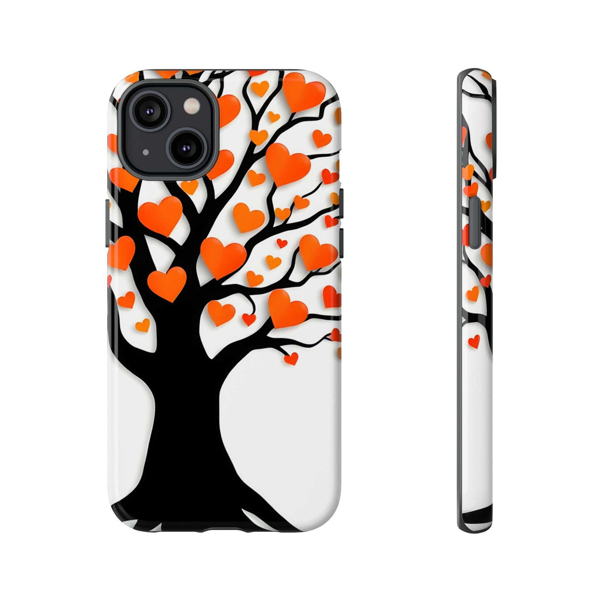 Phone case with heart tree design, orange and red hearts, front and side view