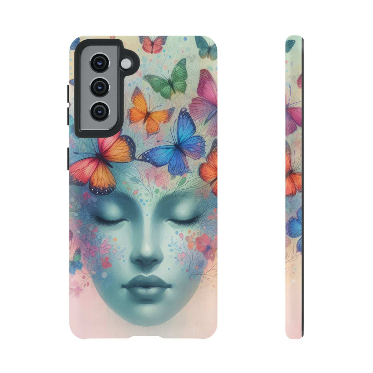 Phone case with colorful butterfly face artwork, back view and slim side edge