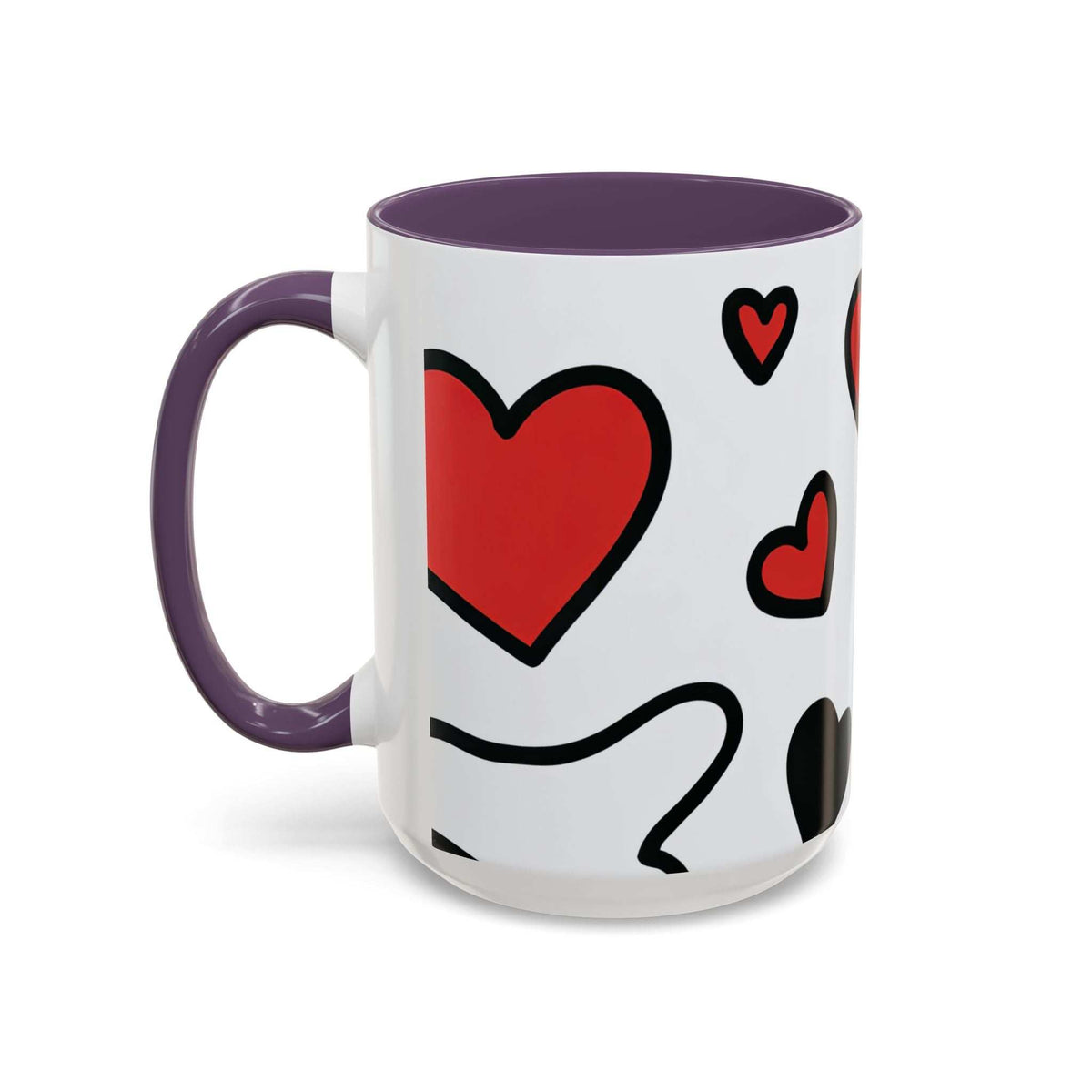Heart pattern accent coffee mug, white with red hearts, purple rim and handle