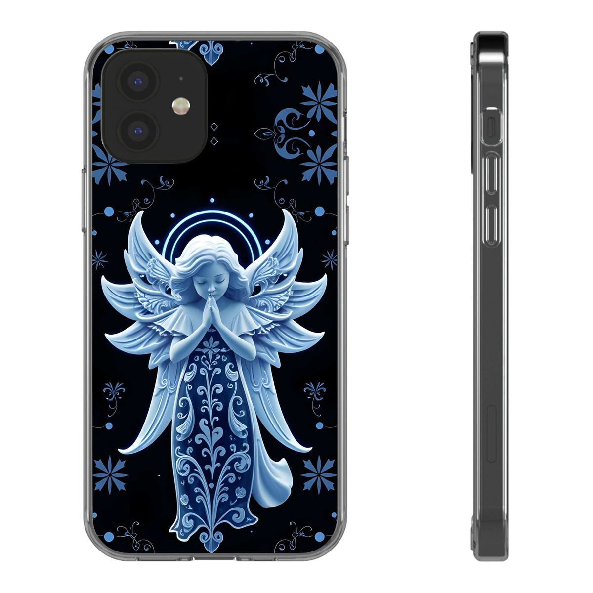 Phone case with blue angel prayer design and ornamental flowers, clear protective frame