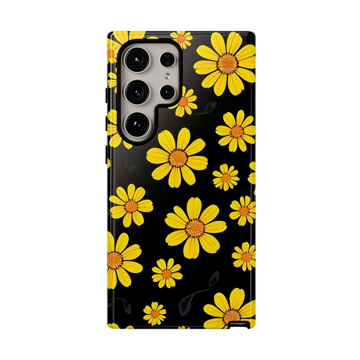 Black daisy-pattern phone case, yellow flowers with raised camera lenses and side edge