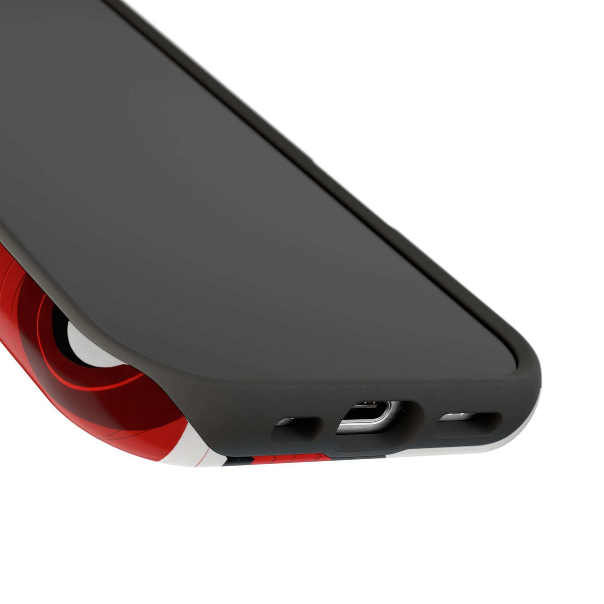 Phone case bottom edge with speaker and charging cutouts; red wave pattern on white.