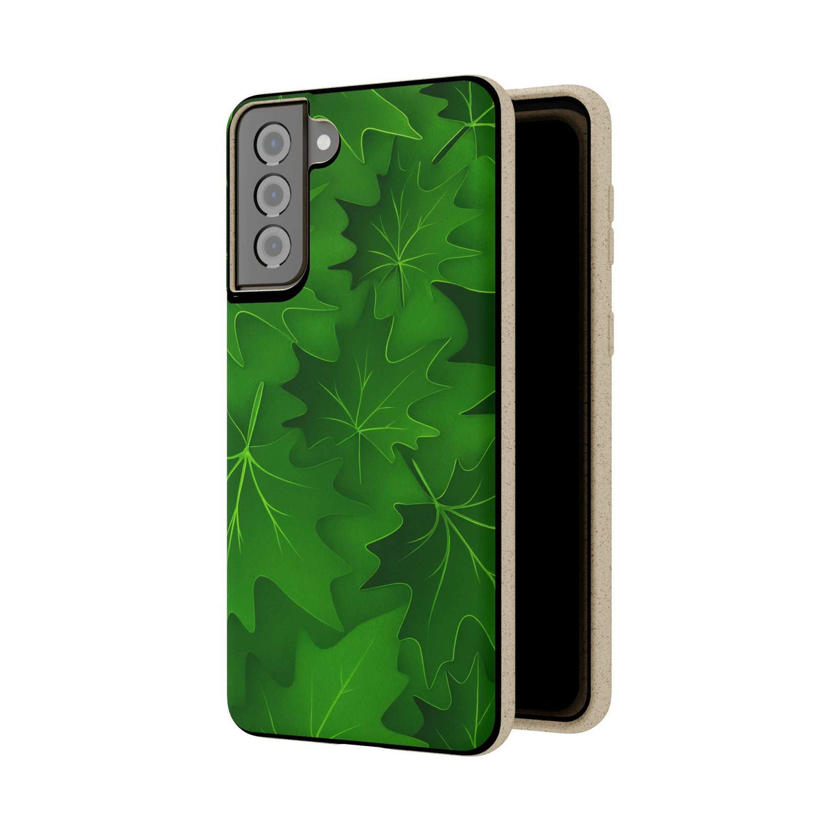 Green leaf phone case with open back view showing beige frame