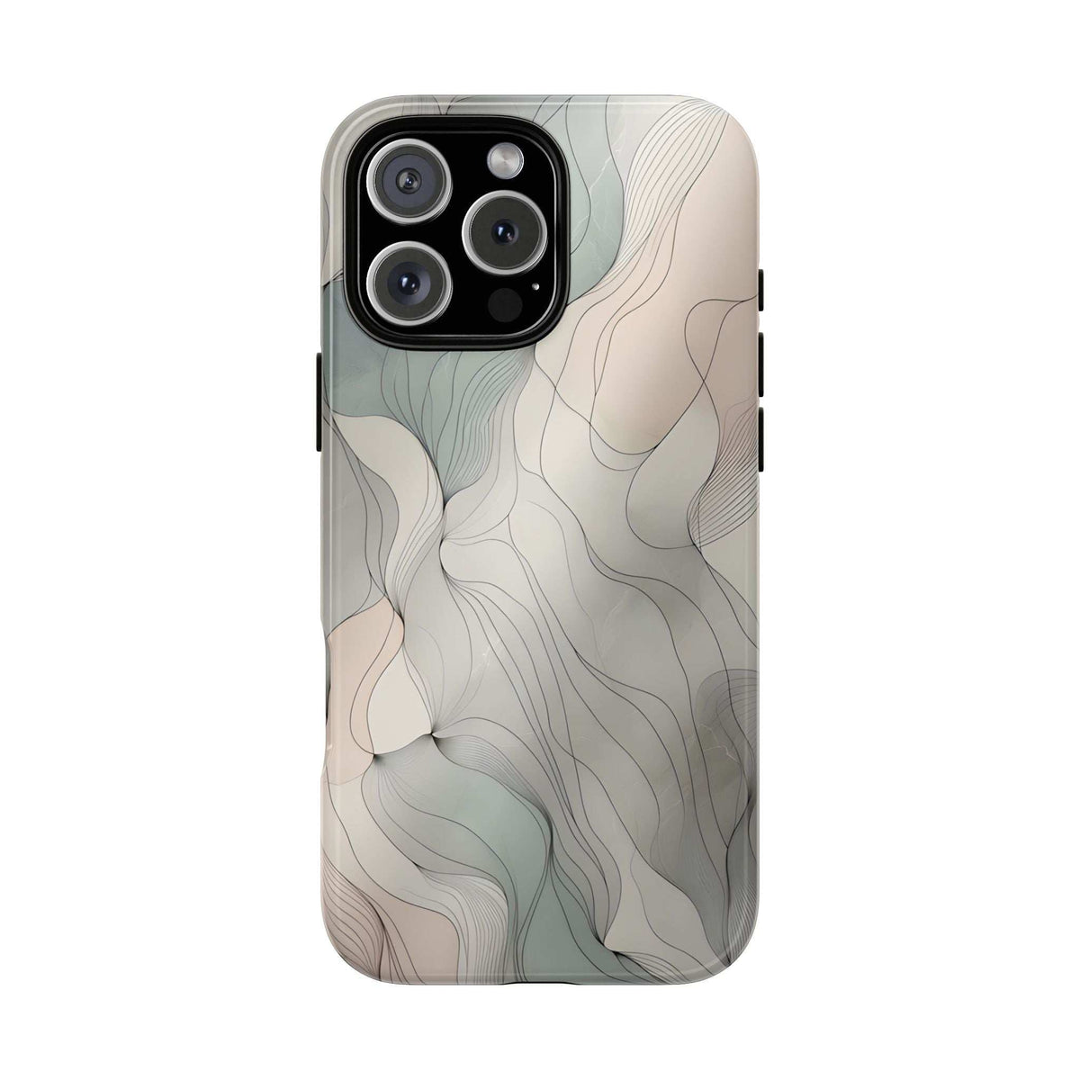 Pastel wave phone case with light beige and muted blue-gray curves, triple camera cutout