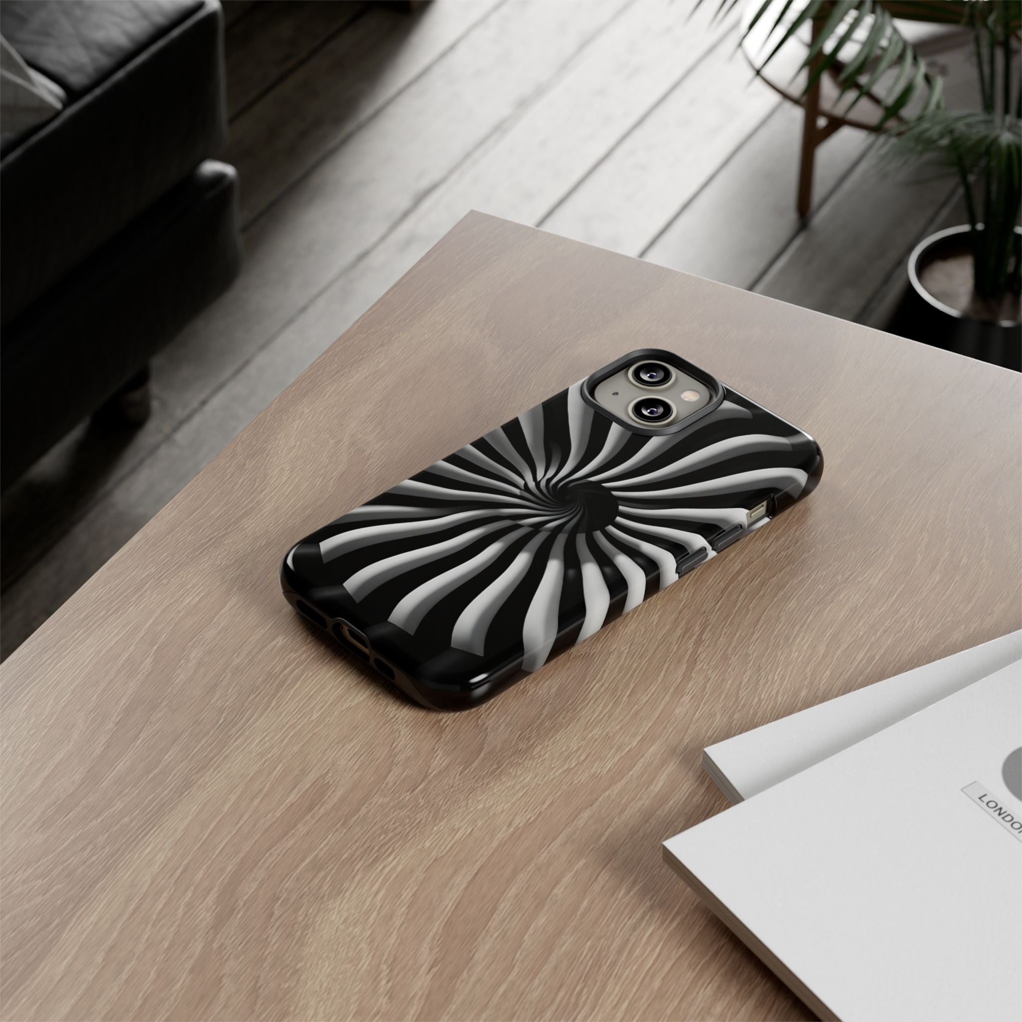 Hypnotic Black and White Spiral Phone Case – Optical Illusion Design for iPhone & Galaxy