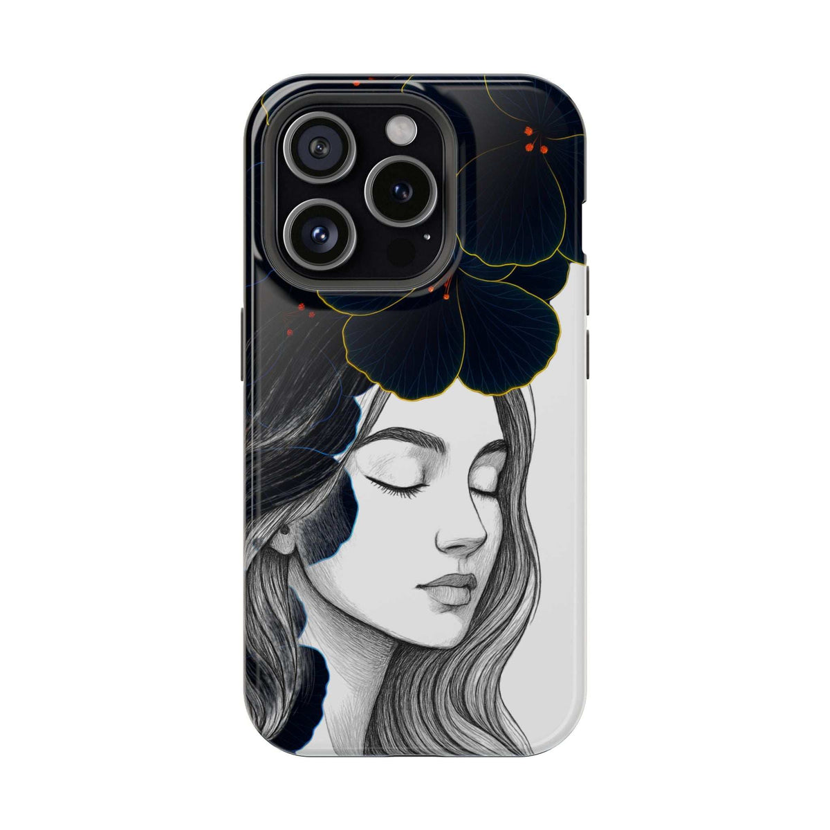 Dark floral phone case front view with grayscale woman face and blue flower motif