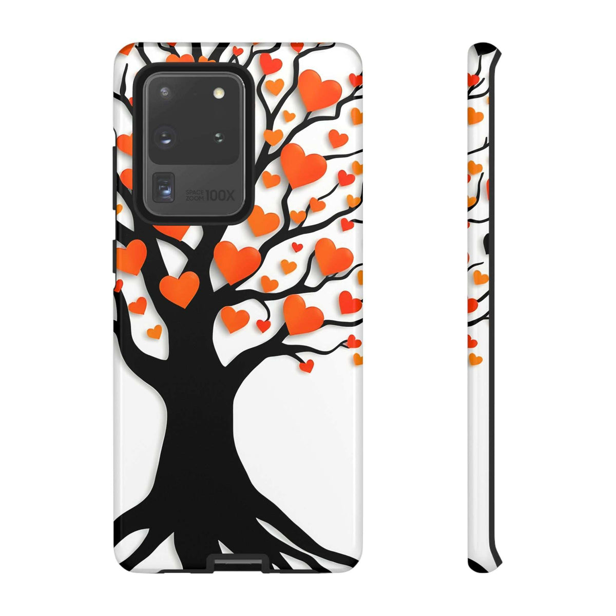 Phone case with white background, black heart tree and orange/red hearts; camera cutout