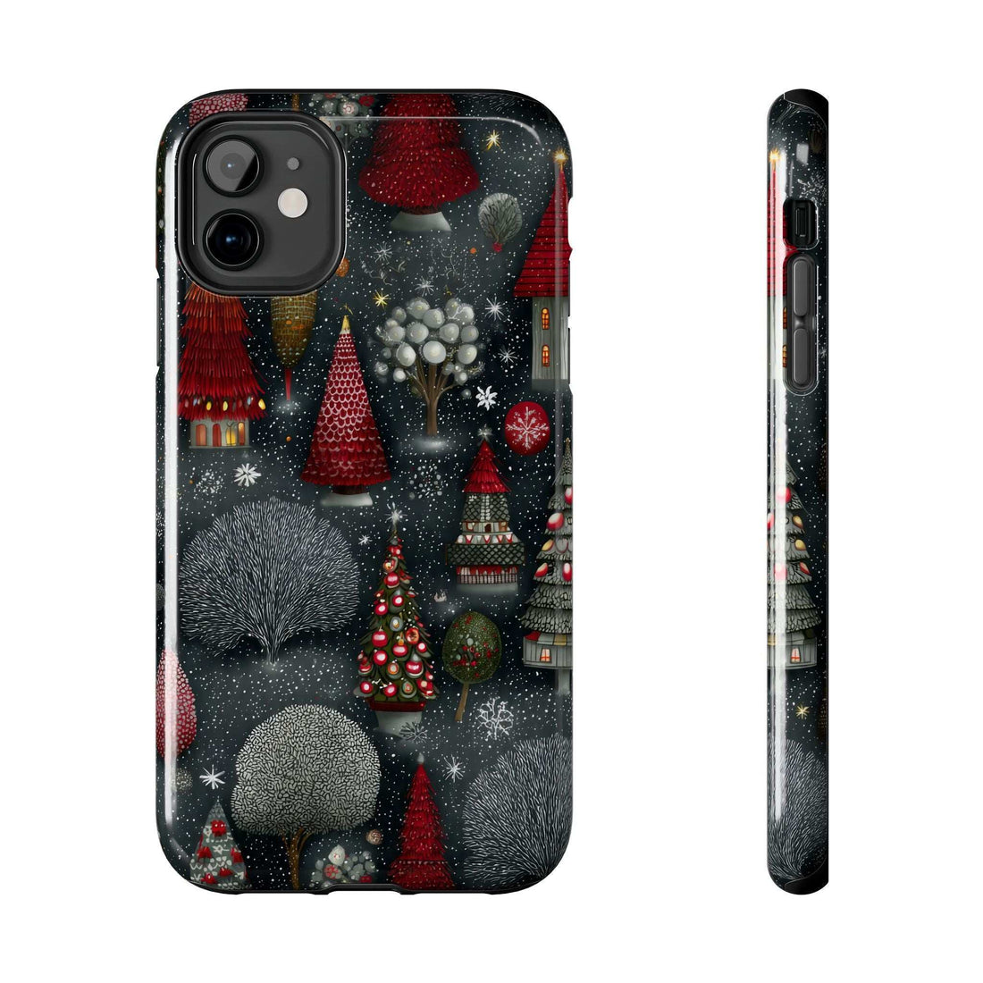 Winter forest themed phone case with frosted fir trees and red decorations