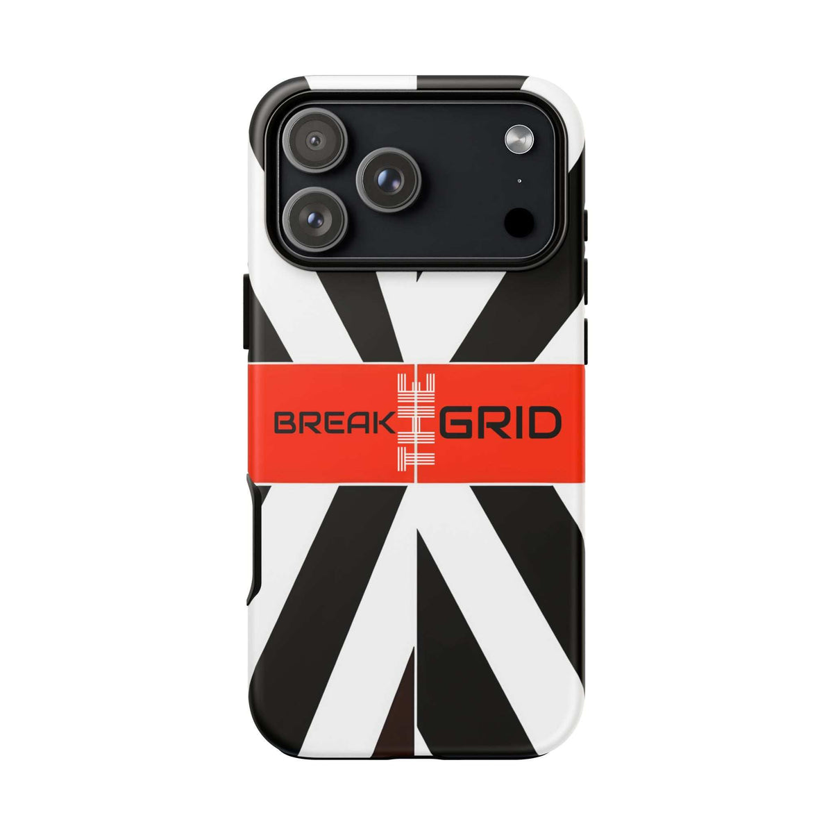 Phone case with black-and-white graphic, red band, and BREAK GRID text; camera lens housing